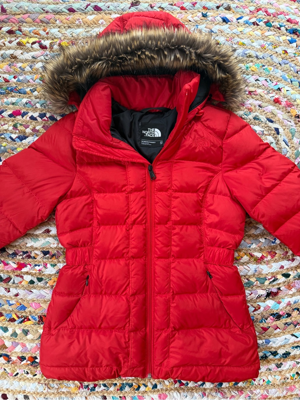 The North Face Bright Red Women’s Gotham Quilted Puffer with Faux Fur Hood